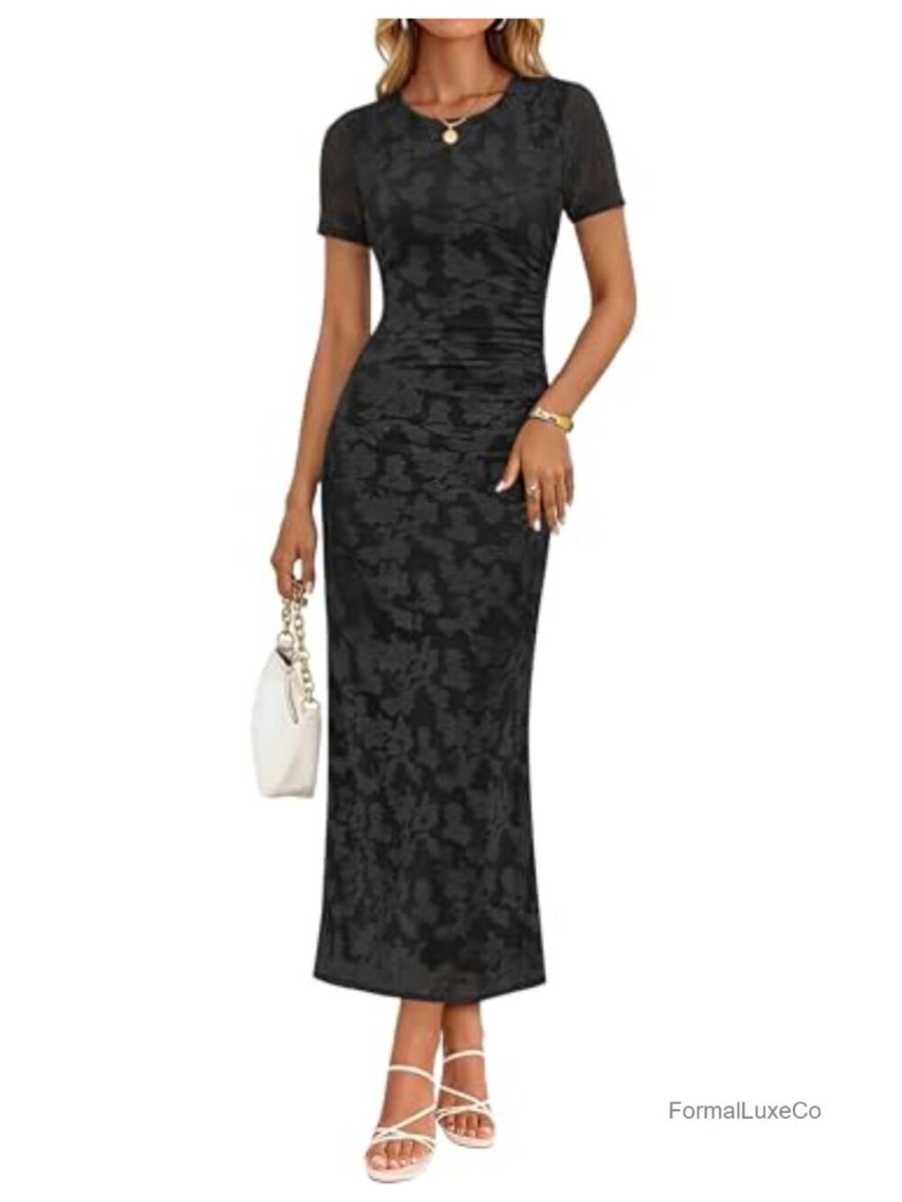 Bodycon Midi Dress Short Sleeve Crew Neck Ruched Formal Wedding Guest